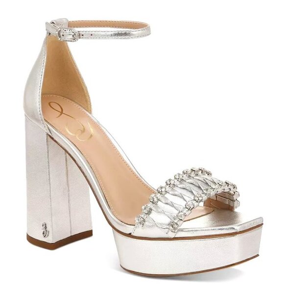 New SAM EDELMAN Ninette Silver & Crystals High Heel Platform Sandals 9.5 - Picture 1 of 8
